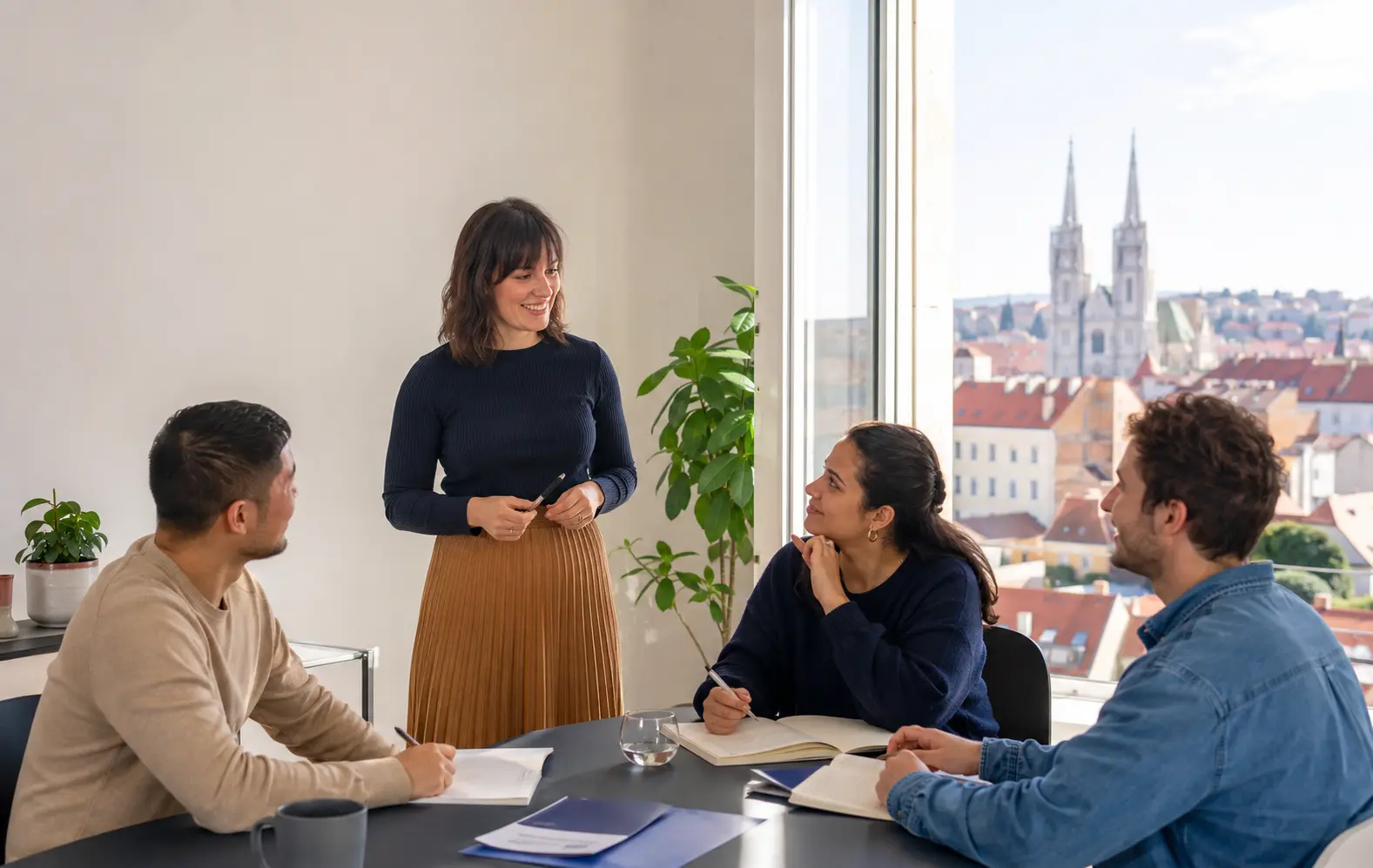 A teacher and adult learners during a small-group lesson